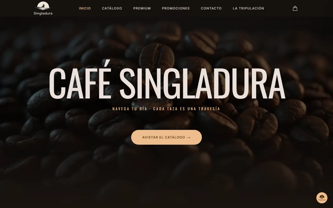 Portada de la tienda en línea Café Singladura, con granos de café y el botón para ver el catálogo.